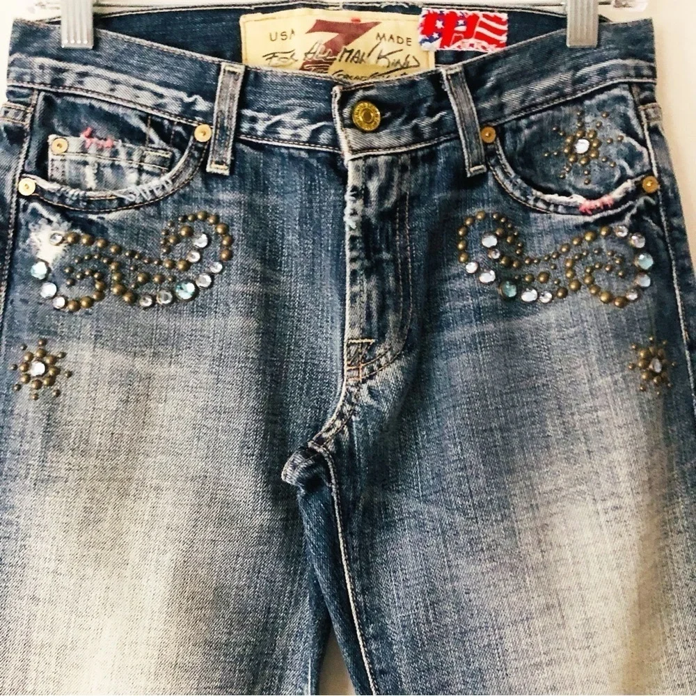 7FAM Great China Wall Y2K Low Rise Flare Swarovski Crystal Studded Jeans Sz 27